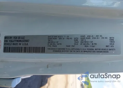 2021 Jeep Gladiator Overland 4X4 из США, поврежденный, VIN 1C6JJTFM0ML522667